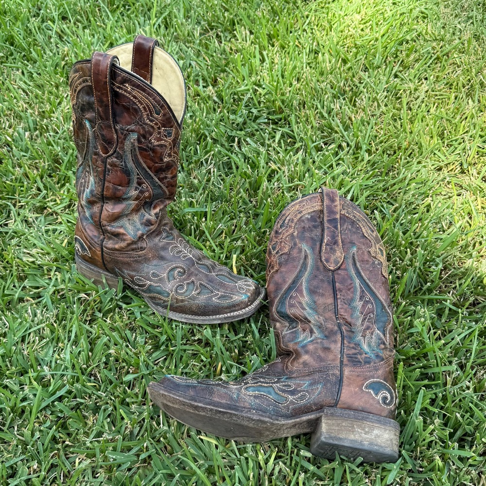 Corral Womens Brown Teal Embroidered Leather Square Toe Western Cowboy Boots 7.5